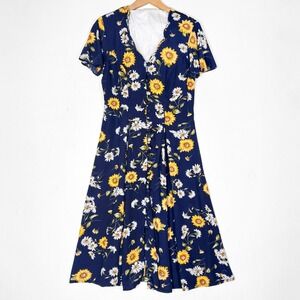 VTG 90s Basic Editions Sunflower Button Front Midi Dress Sz 7/8 Daisy Floral